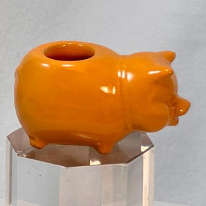 May include: A ceramic orange pig-shaped planter. The planter has a round opening on its back and small legs. The pig has a glossy finish and is displayed on a clear, geometric stand. This decorative item is suitable for small plants or succulents.