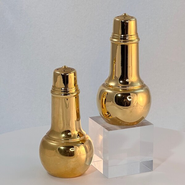 Vintage Brass Hotel Salt Shakers by International Silver Shiny Golden Brass Midcentury Tableware MCM Lightbulb Shape