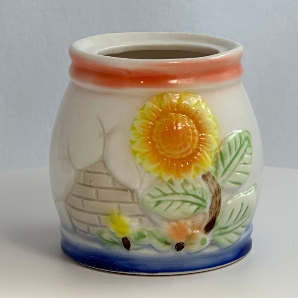 Vintage Stylized Trompe L'Oeil Porcelain Canister Sunflower Brickwall Airbrushed Japan small ceramic jar