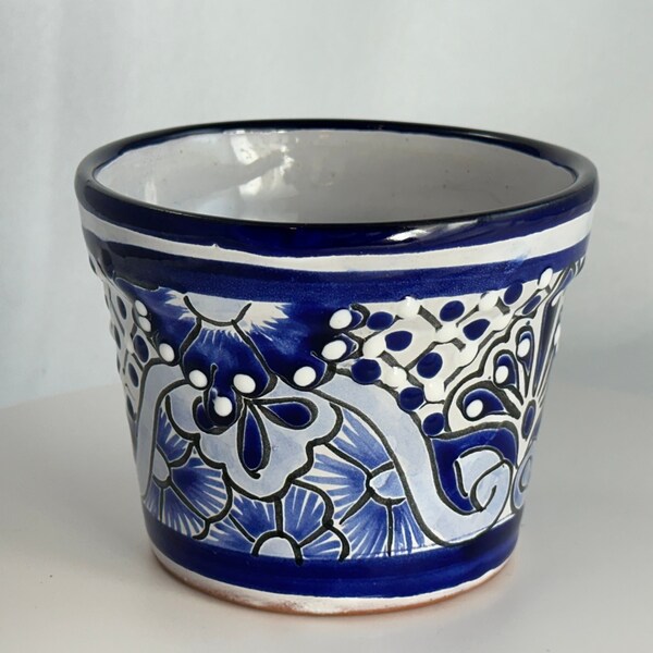 Talavera Ulises authentic hand painted flower pot Cobalt Blue White Floral Textured Glaze 4" small planter with drainage made in Mexico