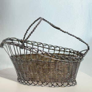 Vintage Silver Plate Woven Wire Champagne Wine Bottle Braided Metal Basket Dark Rainbow Patina