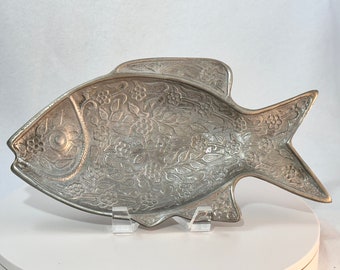 Pewter Fish Dish Ornate Floral Relief Cast Metal Vintage Catchall