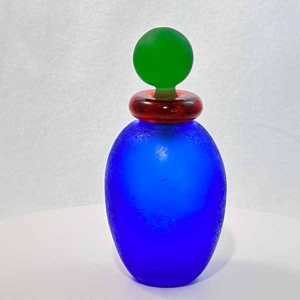 Franco Moretti Satinato Perfume Decanter Art Glass Bottle Murano Italy Hand Blown Signed Primary Colors 1980s Vintage