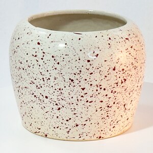 May include: White ceramic planter with a speckled red design.