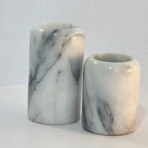 Two Marble Grey Vein Turned Candleholders Tea Light Votive Pillar Vintage Minimalist Set
