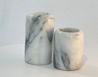 Two Marble Grey Vein Turned Candleholders Tea Light Votive Pillar Vintage Minimalist Set