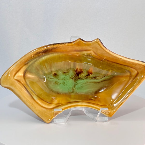 Maurice of California Chip and Dip Section Vintage 1970s Ceramic Green Yellow Drip Art Pottery Ashtray Catchcall USA