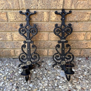 Midcentury Gothic Black and Gold Metal Wall Sconce Taper Candleholders Wrought Iron Scroll Solid Cast Aluminum Vintage Decor Pair Sexton USA