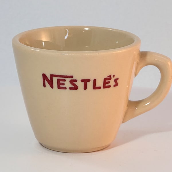 1930s Nestle's Hot Cocoa Mug Shenango China Inca Ware Restaurant Ware Tan Stoneware with Burgundy Wine Stamp 6 oz Vintage Diner Counter Cup