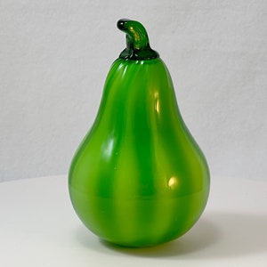 Striated Green Pear Blown Glass Fruit with Applied Stem Striped