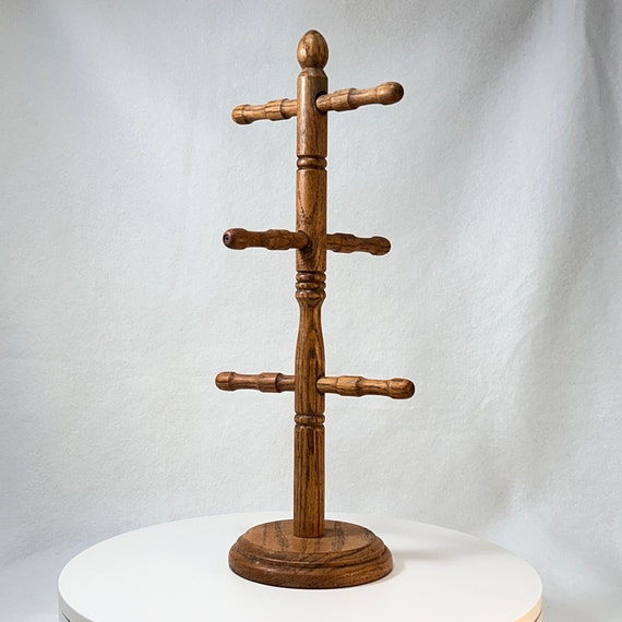 Vintage Oak Wood Turned Spindle Mug Tree 6 Pegs Coffee Jewelry Etsy