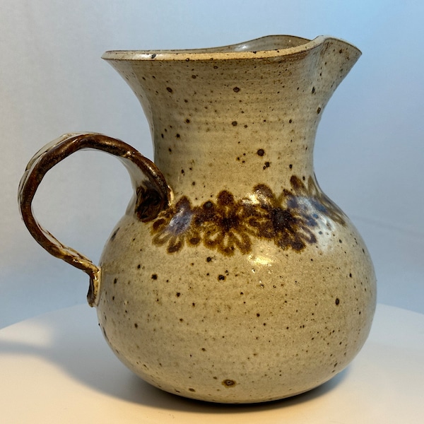 Vintage Hand Thrown Tan Country Stoneware Pitcher with Braided Handle, Flared Mouth, Brown Daisy Flowers, Freckles and Internal Rings