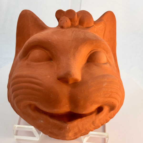 Retro Terra Cotta Cat Head Hanging Wall Planter Vintage Halloween Mask Style with Mouse Red Clay Ceramic Pot