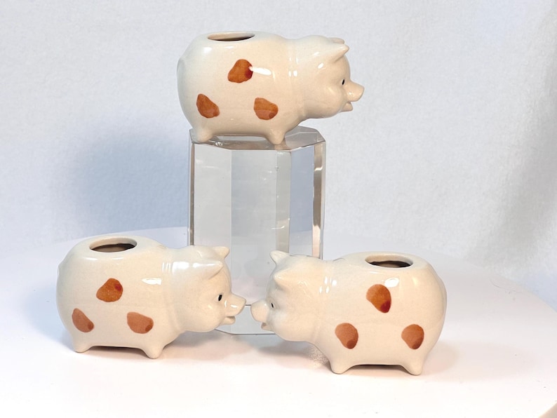 May include: Three ceramic pig planters. The pigs are off-white with brown spots and small, round openings on their backs. One pig is elevated on a clear, rectangular stand. The planters are on a white surface.