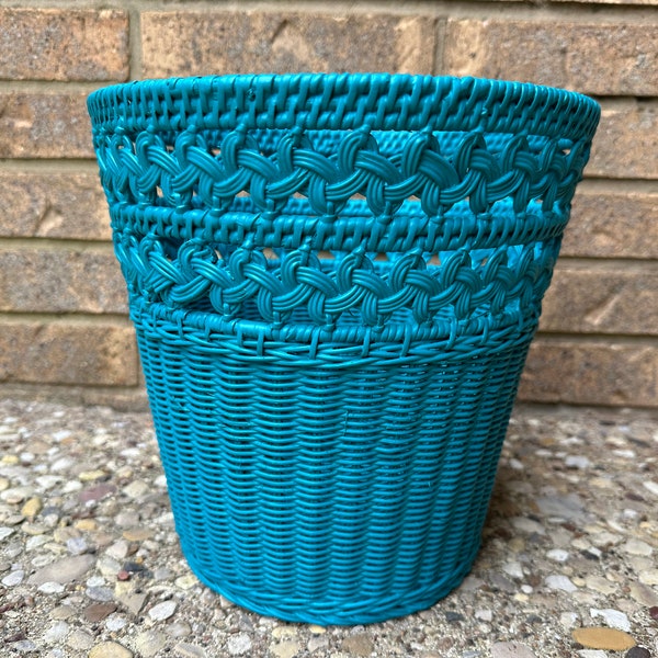 Vintage Wicker Waste Basket Turquoise 1990s Jewel Blue Teal Aqua  Rattan 90s Powder Room Trash Can Vanity Bin