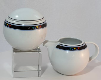 Studio Nova Star Ship Rainbow Creamer Pitcher and Covered Sugar Bowl Set 1990s Deco Revival Orb Coffee Service