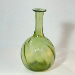 Antique Avocado Green Hand Blown Glass Optic Small Bud Vase with Bubbles Apple Body Long Neck Olive
