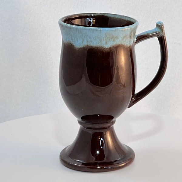 Red Ware Footed Chocolate Robins Egg Blue Drip Mug with Handle Irish Coffee Cup Vintage Red Clay Pedestal