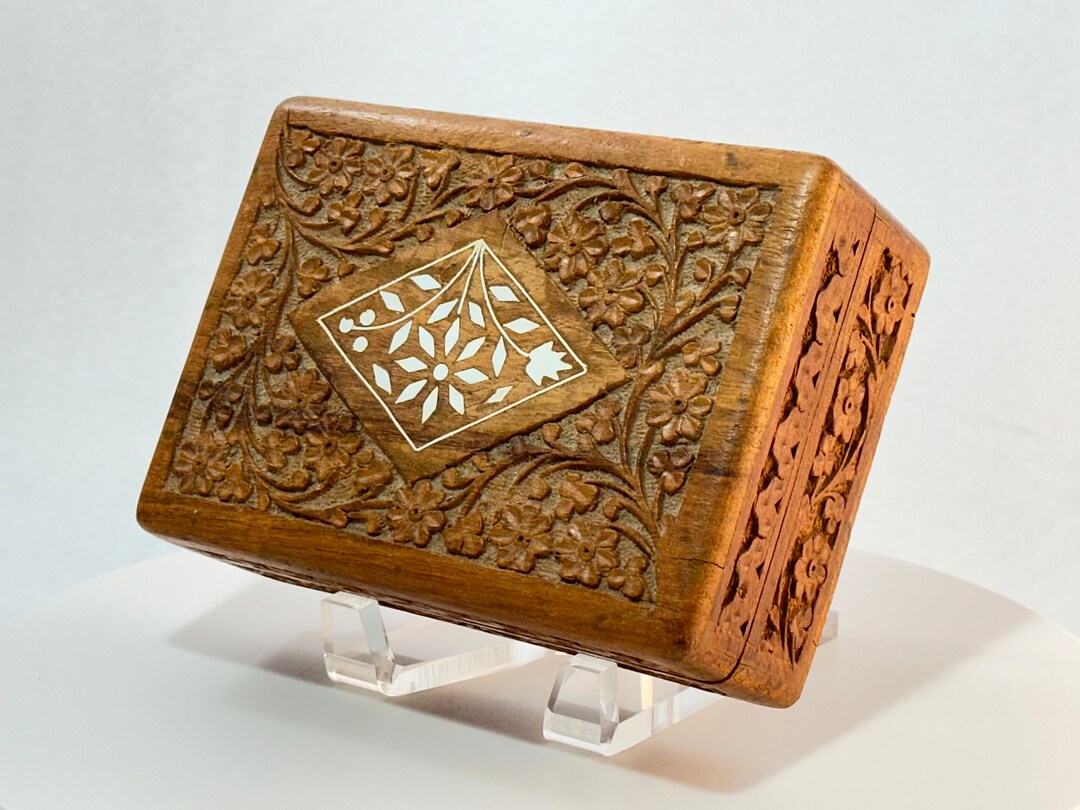 Carved Rosewood Box With Inlay Flowers Wood Jewelry Trinket Hinged Lid ...