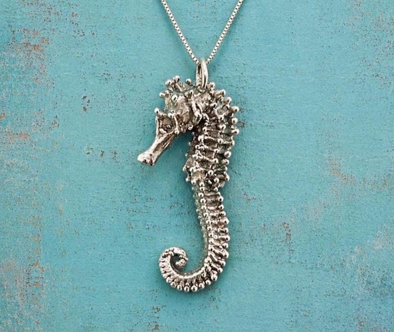 Sterling Silver Sea Horse Specimen on 925 Silver Box Chain 18" Necklace - Taxidermy Jewelry, Sea Life Oddity