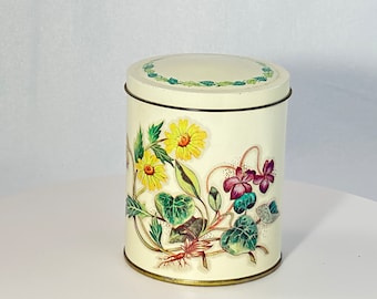 Vintage Botanical Metal Canister with Lid Tin Box Company Daher England Vintage Flowers Floral Round