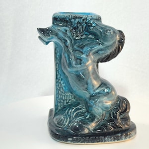 1950s Rearing Horse Blue Denim Ceramic Vase vintage Cowboy Stallion figural brick wall drip relief turquoise indigo Western decor accent TV