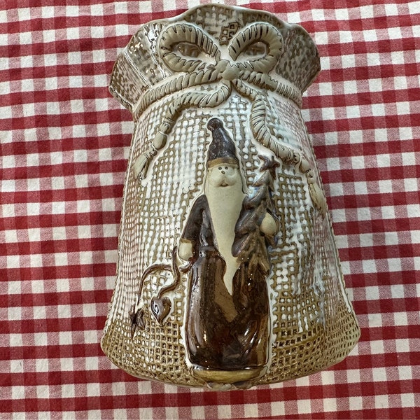 Hand Glazed Trompe L'oeil Ceramic Brown Burlap Bag with Santa Wizard Elf Christmas Holiday Bow Stoneware Vase