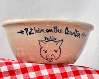 Put Him on the Counter Pee Wee Polka Dotted Pig mixing bowl PineyWoods Corner Hand Turned East Texas Stoneware Pottery Cobalt