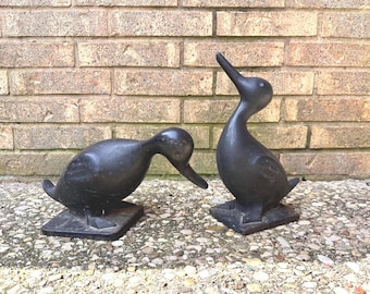 1950 Naughty and Nice Cast Iron Duck Door Stop Bookends,  Large Size - MCM Decor - Heavy Pair of Ducks by Virginia Metalcrafters