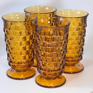 Colony Whitehall Amber Yellow Flared Rim Glasses Stacked Cubes Footed Iced Tea Coolers Vintage Set of Four Indiana Glass - 4 Flare Tops Set