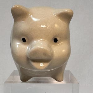 May include: A small, ceramic piggy bank in a light beige color. The pig has a rounded body, small ears, and black eyes. It is standing on a clear, rectangular base. The piggy bank is a classic item for saving money.