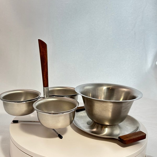 MCM Hosting Set Midcentury Condiment/Relish Stands and Gravy/Dip Bowl Stainless Steel and Wood Modern Atomic Hostess Set Made in Japan