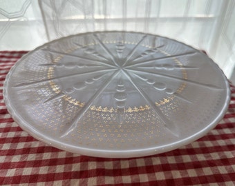 Milk Glass Cake Stand Anchor Hocking starburst with gold decoration Pedestal Midcentury