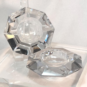 2 Val St Lambert Sparkling Lead Crystal Faceted UFO Octagon MCM Ashtrays midcentury heavy Belgium vintage ashtray set