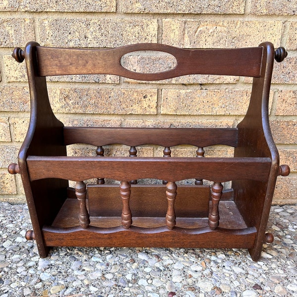 Midcentury Turned Wood Magazine Rack in Heavy Hardwood ca. 1970s Bicentennial Chic Dark Walnut Finish