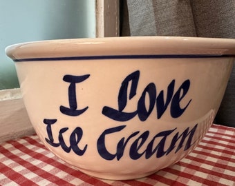 I Love Ice Cream Stoneware Bowl by Clay Design 1990s Ironstone Cobalt Stripe Hand Painted