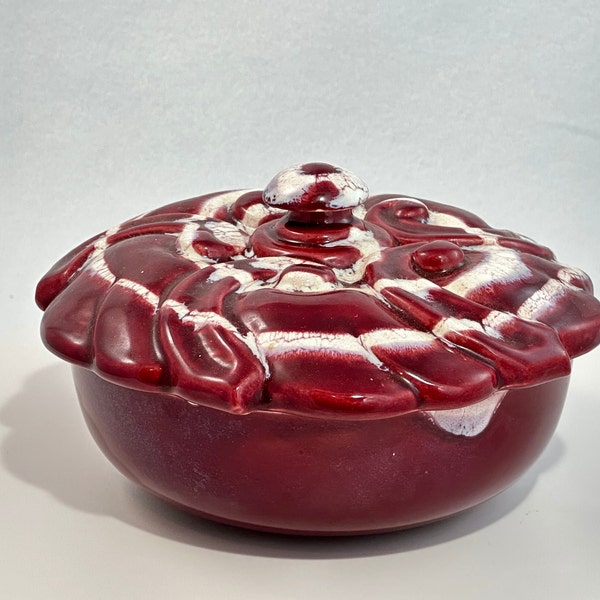 Cranberry Cream Swirl Lidded Ceramic Glazed Bowl Vintage Midcentury Studio Art Pottery Candy Dish