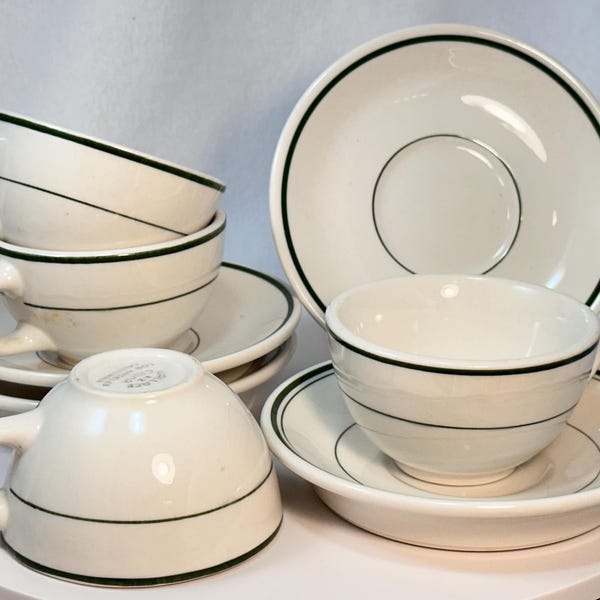 True 1950s Diner Cups and Saucers by Wallace China Green Stripe set of Four Vintage USA Diner February 1950