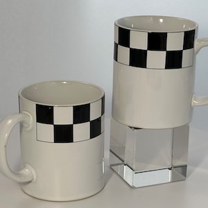 Pair of 80s Black and White Checkered Coffee Mugs Ceramic Japan Retro Punk Deco Revival