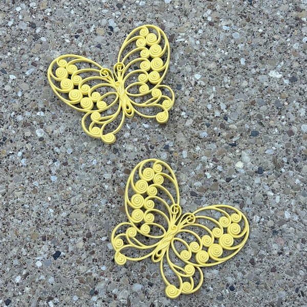 Set of Two 1970s Large Yellow Vintage Butterflies by Burwood Trompe L'oeil faux rattan plastic resin vanity wall decor