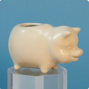 May include: A cream-colored ceramic piggy bank with a glossy finish. The bank is shaped like a pig, with a slot on top for inserting coins. It has small ears, a snout, and four tiny legs. The piggy bank is displayed on a clear, geometric stand against a blue background.