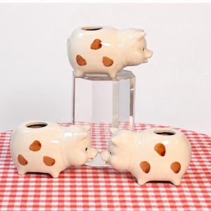 Original Pee Wee Polka Dotted Pig Toothpick Holder, Ceramic Mini Vase by PineyWoods Corner