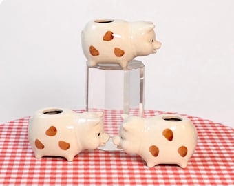 Original Pee Wee Polka Dotted Pig Toothpick Holder, Ceramic Mini Vase by PineyWoods Corner