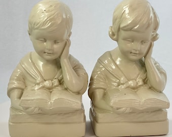 Ivory Chalkware Twins Bookends, 1950s Vintage Kids Nursery Library Decor