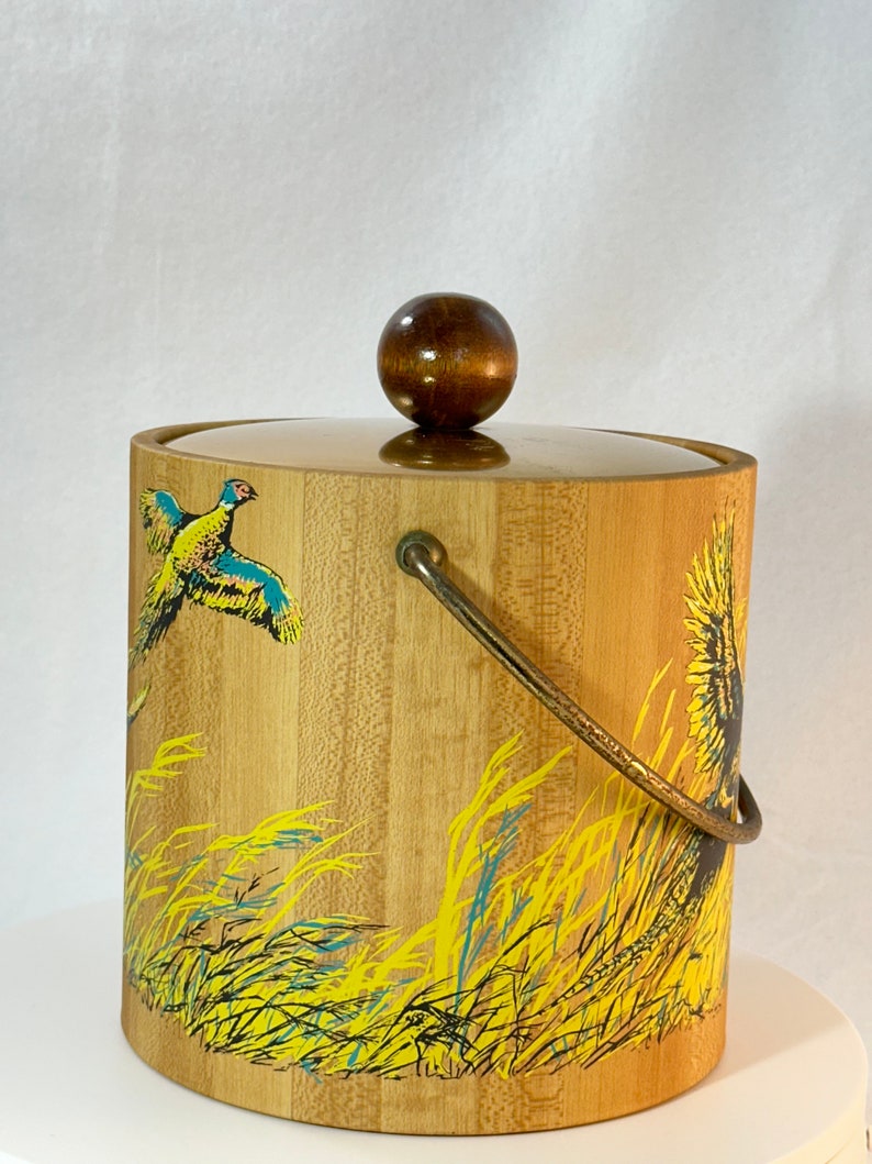Kraftware Pheasant Ice Bucket With Gold Tone Lid Polished Wood Knob