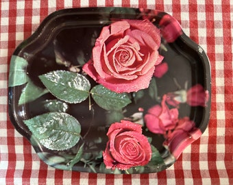 Vintage Tin Vanity Tray Photographic Roses Graphic on Metal Made in England