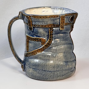 Denim Jeans Vase Pitcher vintage 1970s Norwell Ceramics Novelty Art Pottery