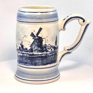 Delfts Blauw Hand Painted Mug Royal Delft Blue Stein Windmill Floral Vintage Blue Cobalt Stoneware Large Holland
