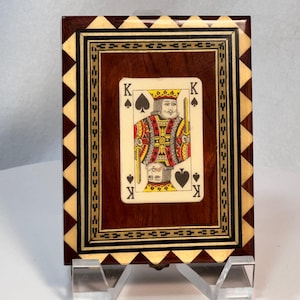 Spanish Marquetry Wood Inlaid Card Box King of Spades Midcentury Hand Crafted Lacquer Trinket Gift Morillo Málaga Playing Cards Keeper