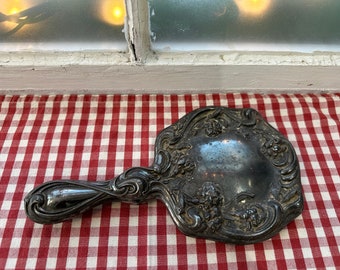 Art Nouveau Hand Mirror Tin and Silverplate Beveled Edge Round Glass Paddle Distressed Shabby Patina Vanity Boudoir Functional Silver Decor